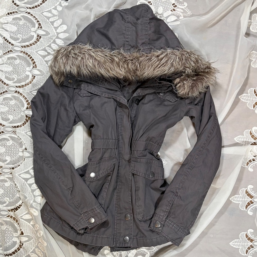 SO Y2K Grunge Charcoal Gray Faux Fur Hooded Utility Parka Jacket Full Zip